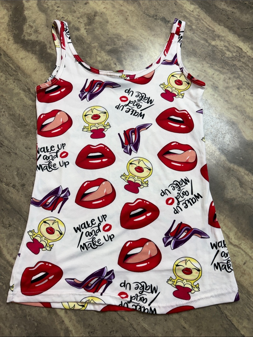 Emme Jordan White Tank Top with Red Lip Graphic and Yellow Accent